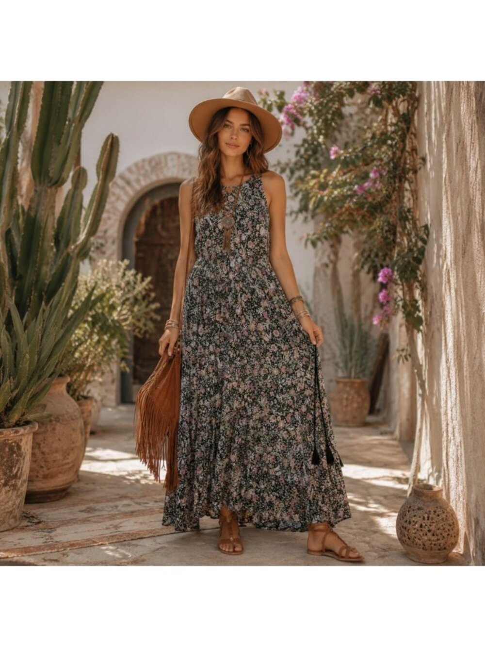 J. Jill Floral Print Sleeveless Maxi Dress Tasseled Drawstring Waist Sz Small